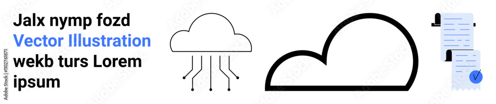 Cloud icons connected with lines, representing data transfer and storage, alongside a checklist with checkmarks. Ideal for tech, data management, cloud computing, file sharing, digital security Cloud icons connected with lines, representing data transfer and storage, alongside a checklist with checkmarks. Ideal for tech, data management, cloud computing, file sharing, digital security