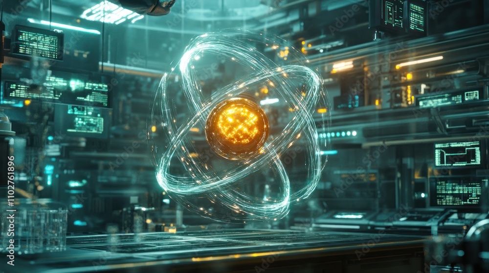 A futuristic depiction of an atom in a high-tech laboratory setting. A futuristic depiction of an atom in a high-tech laboratory setting.