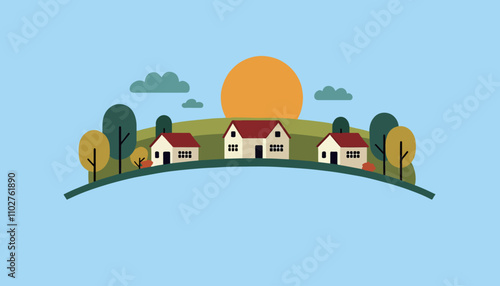 Charming Village Landscape with Sunset