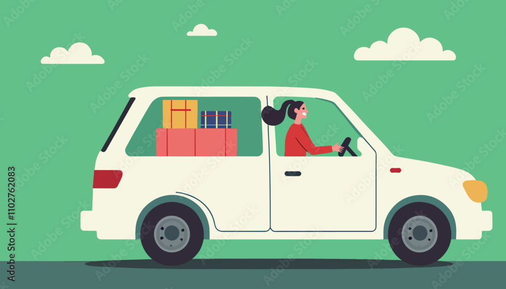 Woman Driving a Delivery Van with Gifts Woman Driving a Delivery Van with Gifts