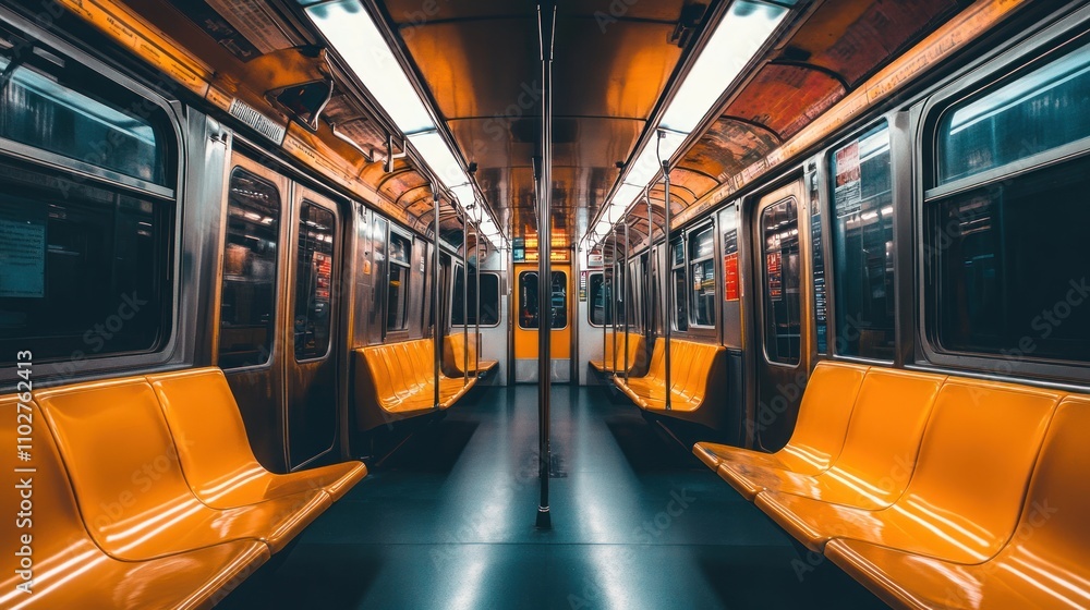 Fototapeta premium Empty subway train interior with orange seats and bright lighting.