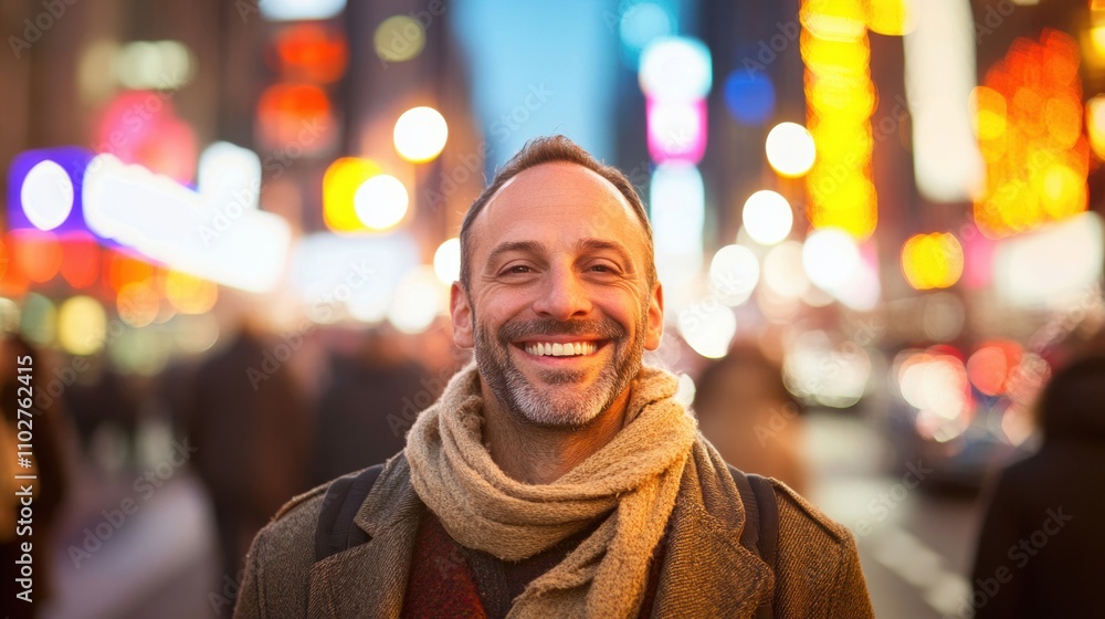 A businessman displays a warm smile as he strolls along a lively city street at dusk, surrounded by bright lights and active pedestrians A businessman displays a warm smile as he strolls along a lively city street at dusk, surrounded by bright lights and active pedestrians