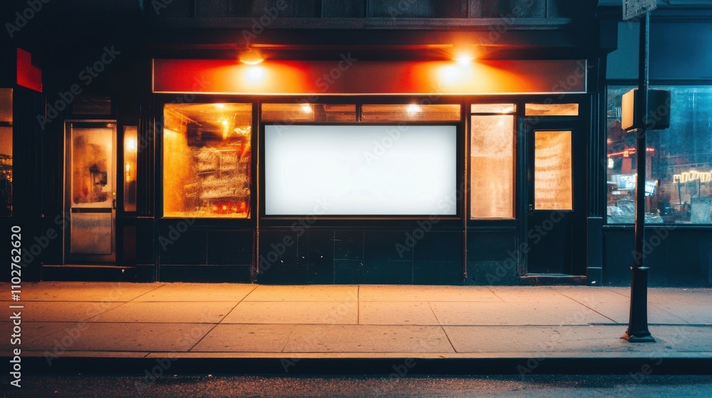 Empty storefront with blank signage glowing softly at night, showcasing a quiet urban atmosphere with dimly lit surroundings Empty storefront with blank signage glowing softly at night, showcasing a quiet urban atmosphere with dimly lit surroundings