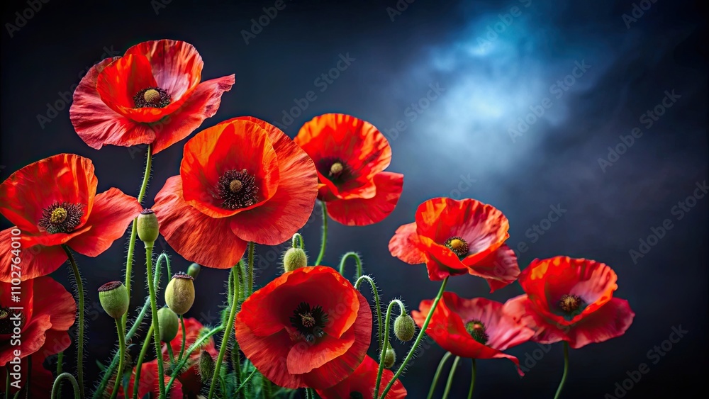 Obraz premium Close-up of vibrant red poppies against a dark background, symbolizing remembrance and memorial , poppy