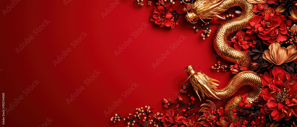 Chinese New Year Frame and background theme, golden dragon entwined with vibrant flowers on red background Chinese New Year Frame and background theme, golden dragon entwined with vibrant flowers on red background