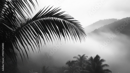 Monochrome landscape of palm fronds silhouetted against a misty mountain valley at dawn. photo