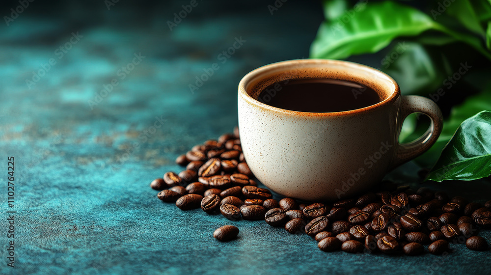 a coffee cup with black coffee, placed on a concrete surface with roasted coffee beans spread around it. a coffee cup with black coffee, placed on a concrete surface with roasted coffee beans spread around it.
