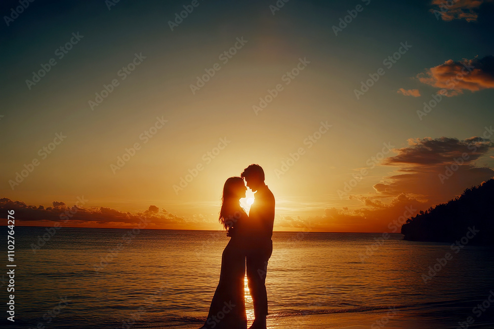 A beautiful silhouette of a couple hugging each other, enjoying intimacy and making love at a beach during sunset. A beautiful silhouette of a couple hugging each other, enjoying intimacy and making love at a beach during sunset.