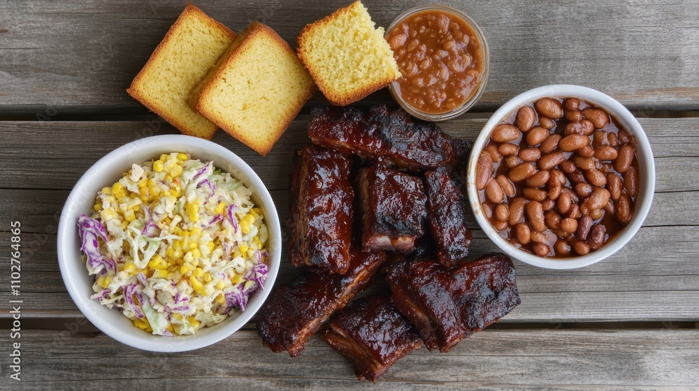 American barbecue ribs, glazed with smoky sauce, served with coleslaw, cornbread, and baked beans on a wooden picnic table American barbecue ribs, glazed with smoky sauce, served with coleslaw, cornbread, and baked beans on a wooden picnic table