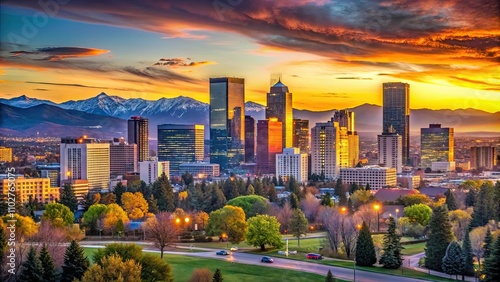 Denver, Colorado skyline at sunset with illuminated buildings and mountains in the background, Denver, Colorado, skyline