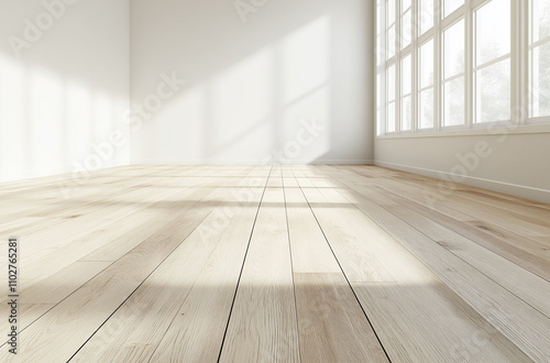 Photo of an empty room with light wood flooring and white walls, no furniture. Web banner with copy space on the right.