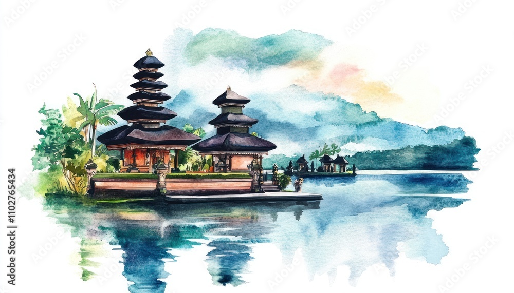 Obraz premium Balinese temple watercolor illustration wallpaper
