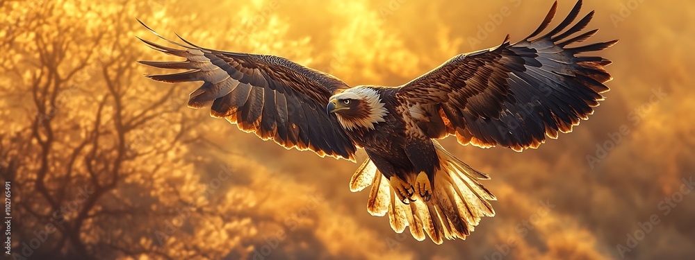 Obraz premium Majestic Eagle in Flight Against Golden Sunset Forest Backdrop