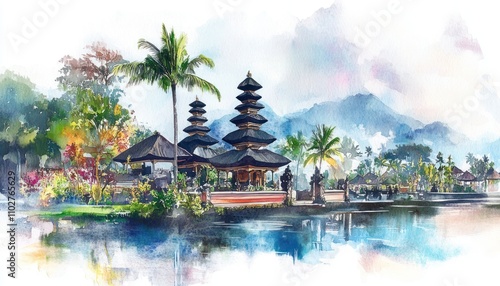 Balinese temple watercolor illustration wallpaper