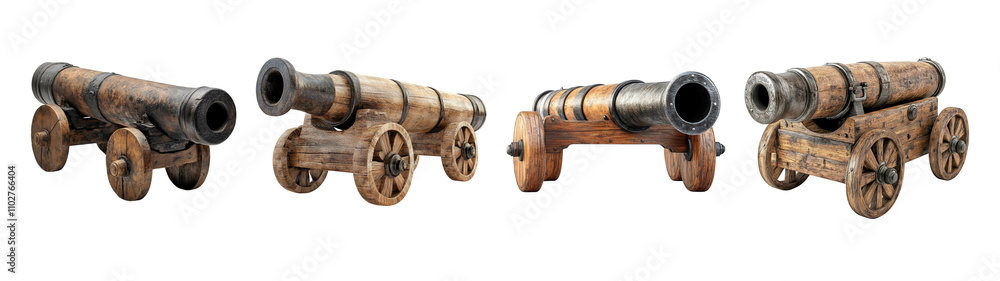 Collection Antique Cannon on Wooden wheels Isolated On Transparent Background Collection Antique Cannon on Wooden wheels Isolated On Transparent Background