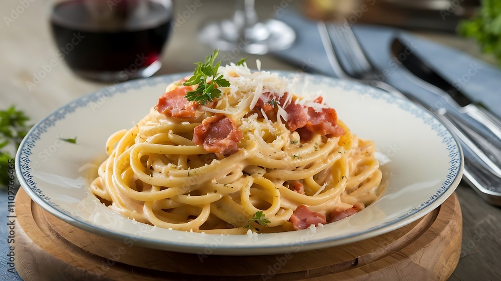 Spaghetti carbonara with creamy sauce, crispy pancetta, and parmesan, served on white plate with fork and fresh parsley garnish Spaghetti carbonara with creamy sauce, crispy pancetta, and parmesan, served on white plate with fork and fresh parsley garnish