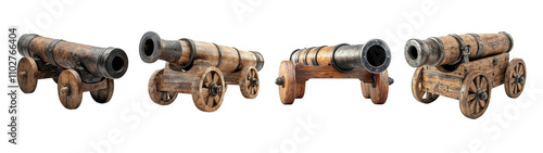 Collection Antique Cannon on Wooden wheels Isolated On Transparent Background