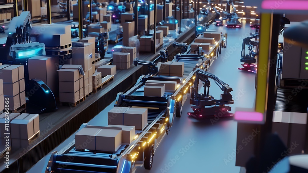 A large, busy warehouse with automated conveyor belts and robotic arms actively moving boxes and packages in sync. Rows of shelves are stacked with inventory, and multiple mobile robots navigate A large, busy warehouse with automated conveyor belts and robotic arms actively moving boxes and packages in sync. Rows of shelves are stacked with inventory, and multiple mobile robots navigate
