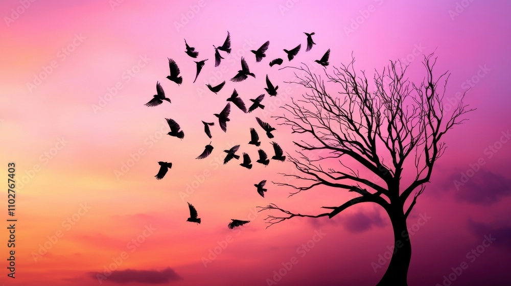 Fototapeta premium Flock of Birds Silhouetted Against Dramatic Colorful Sunset Sky and Tree Branches