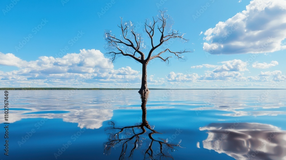 Solitary Bare Tree Reflecting on Tranquil Lake with Dramatic Sky Solitary Bare Tree Reflecting on Tranquil Lake with Dramatic Sky