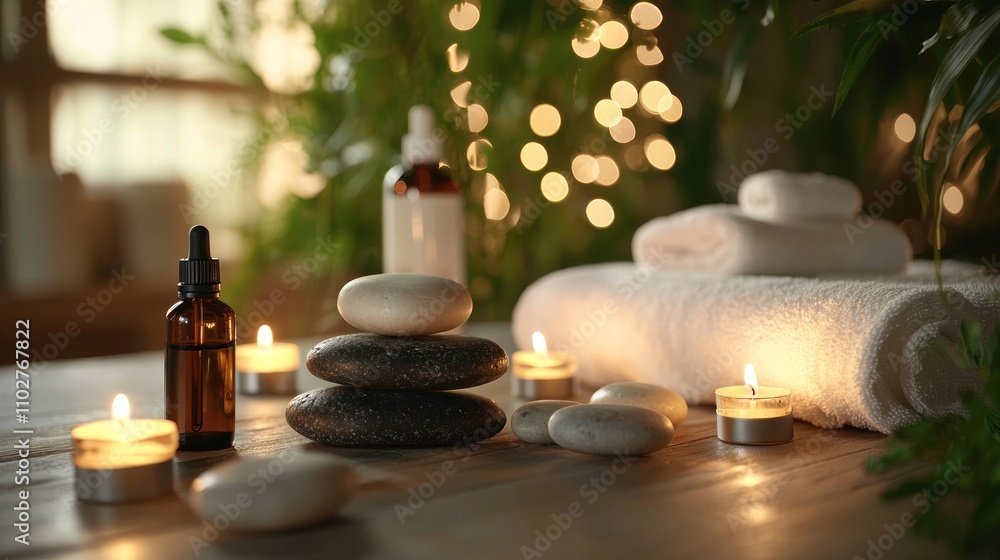 A serene spa scene with candles, smooth stones, and essential oil bottles around a massage table, with soft, diffused lighting. A serene spa scene with candles, smooth stones, and essential oil bottles around a massage table, with soft, diffused lighting.