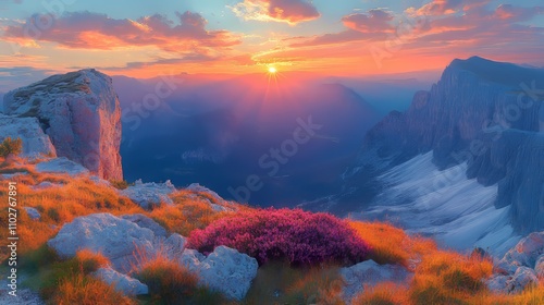 Panoramic view over the cliffs and mountains of the valley at sunrise