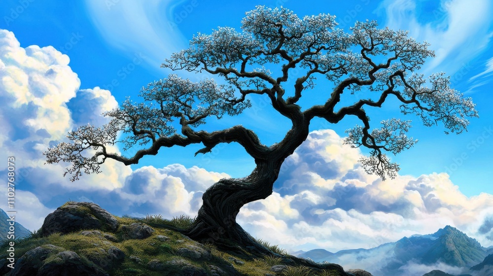 Breathtaking Blooming Bonsai Tree Against Majestic Mountain Backdrop Breathtaking Blooming Bonsai Tree Against Majestic Mountain Backdrop