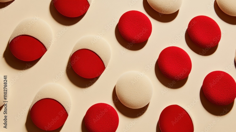 A pattern of red and cream circular shapes on a beige background. A pattern of red and cream circular shapes on a beige background.