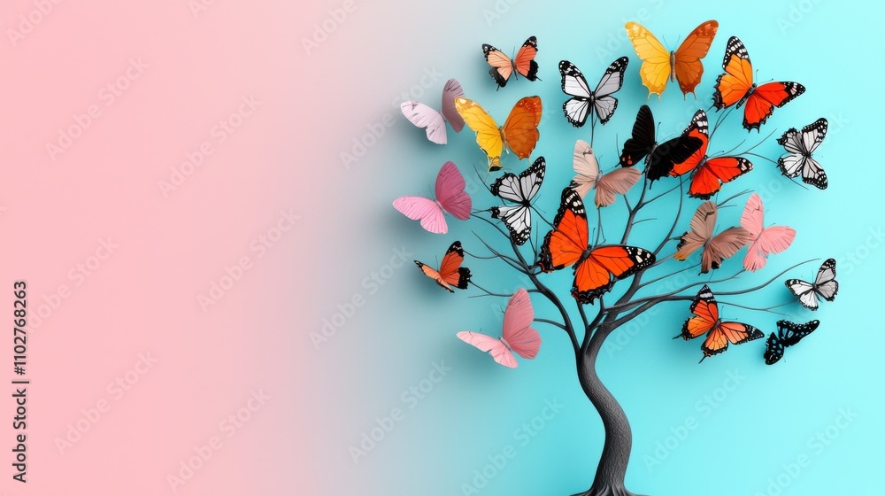 Fototapeta premium Colorful Butterflies Floating on a Tree Branch Against a Soft Pink and Turquoise Background