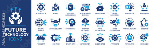 Future technology icon set. Containing robot, artificial intelligence, innovation, smart city, robotics, humanoid, hologram, digital world, high-tech and automation. Solid vector icons collection.