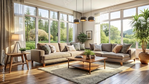 Modern cozy living room with abundant natural light and plush furniture, perfect for relaxation and gatherings