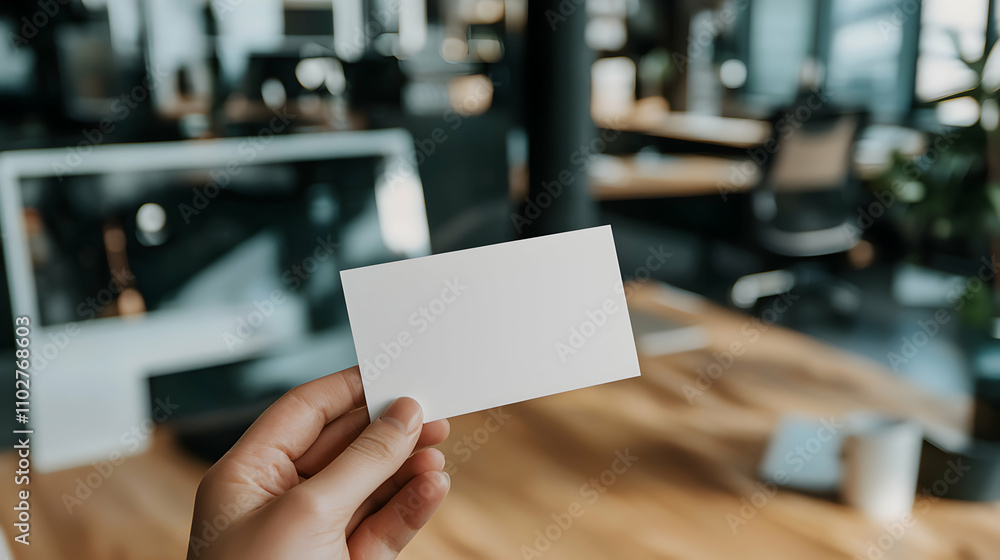 Blank Business Card Held Between Fingers in Office Blank Business Card Held Between Fingers in Office