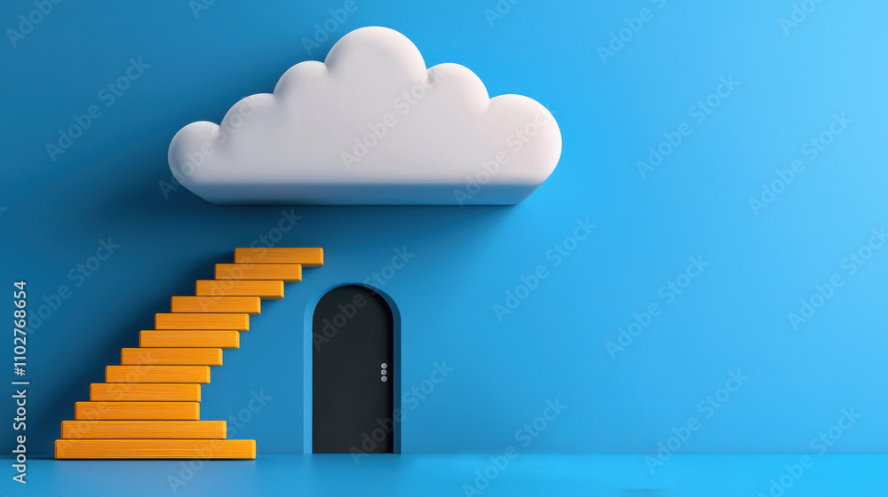 Businessman Standing Beside Yellow Stairs Leading Through Cloud Archway Businessman Standing Beside Yellow Stairs Leading Through Cloud Archway