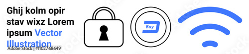 Lock with keyhole, Buy button, and wireless icon in blue. Ideal for online security, e-commerce, wireless connectivity, digital authentication, data protection, cybersecurity internet access