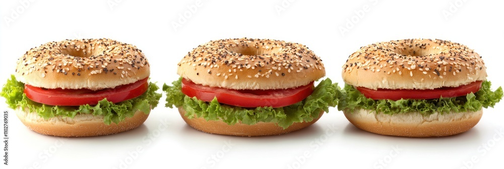 Three Sesame Bagel Sandwiches With Tomato And Lettuce Three Sesame Bagel Sandwiches With Tomato And Lettuce