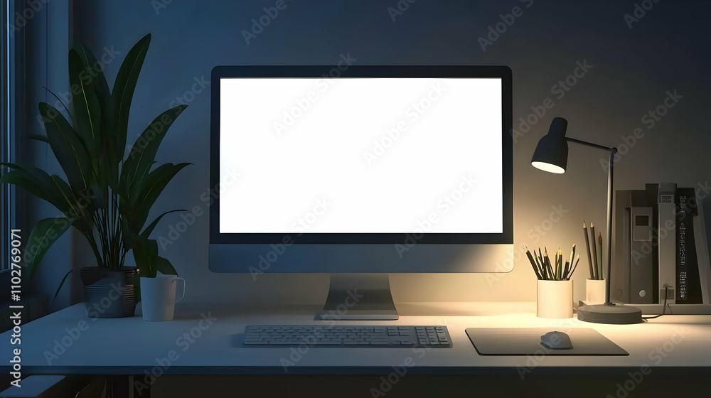 Clean Computer Screen on Office Desk at Night Clean Computer Screen on Office Desk at Night
