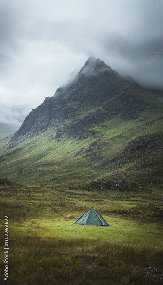 shelter tent has been established in the rugged highlands, beneath an overcast sky, surrounded by the vibrant green grasses characteristic of the highland terrain. shelter tent has been established in the rugged highlands, beneath an overcast sky, surrounded by the vibrant green grasses characteristic of the highland terrain.