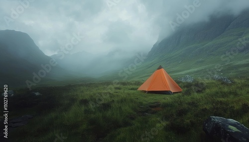 shelter tent has been established in the rugged highlands, beneath an overcast sky, surrounded by the vibrant green grasses characteristic of the highland terrain.