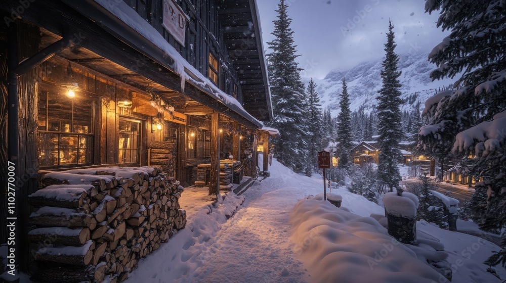 Fototapeta premium A cozy cabin in a snowy landscape, illuminated by warm lights amidst a winter evening.