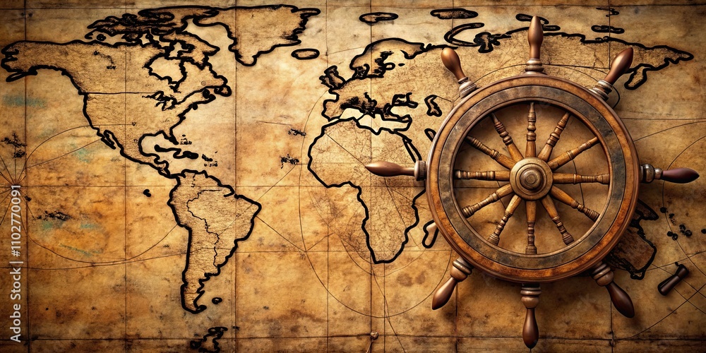 Ship's wheel and map guiding the nautical journey, nautical, ship, wheel, map, guide, journey, navigation, adventure Ship's wheel and map guiding the nautical journey, nautical, ship, wheel, map, guide, journey, navigation, adventure