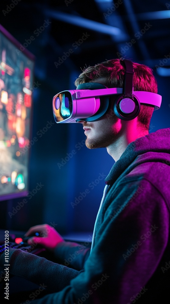 Immersed in virtual reality, a gamer explores digital realms with a neon-lit headset. The vibrant pink glow illuminates his face, contrasting with the dark surroundings. Immersed in virtual reality, a gamer explores digital realms with a neon-lit headset. The vibrant pink glow illuminates his face, contrasting with the dark surroundings.