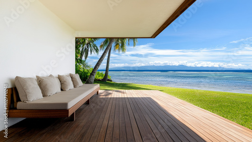 A serene outdoor patio overlooking a tranquil ocean  featuring a comfortable seating area and lush palm trees under a clear blue sky.