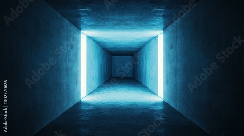 Eerie blue light in long stone tunnel urban exploration digital art