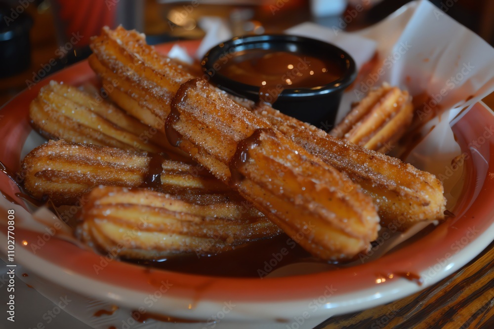 Churros with chocolate dipping sauce. Churros with chocolate dipping sauce.
