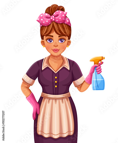 Cute housekeeper, housemaid, housewife woman, home cleaner worker. House cleaning service. Hotel maid in uniform hold water spray bottle. Professional housekeeping. Household clean detergent. Vector