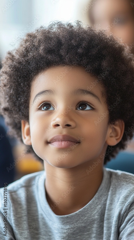 Close-up portrait of a young child with curly hair and a thoughtful expression, gazing upwards with curiosity. The soft lighting highlights their innocent features. Close-up portrait of a young child with curly hair and a thoughtful expression, gazing upwards with curiosity. The soft lighting highlights their innocent features.