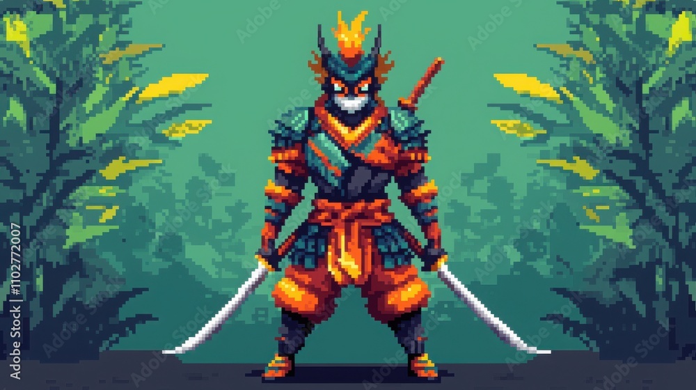 Heroic warrior pixel art character design in lush jungle setting Heroic warrior pixel art character design in lush jungle setting