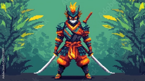 Heroic warrior pixel art character design in lush jungle setting