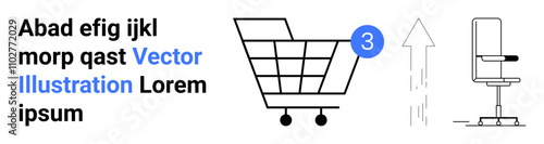 Shopping cart with 3 notifications, upward arrow, office chair outline, text placeholders. Ideal for e-commerce, retail, notifications, office setup, minimalism, productivity, and web design. Landing