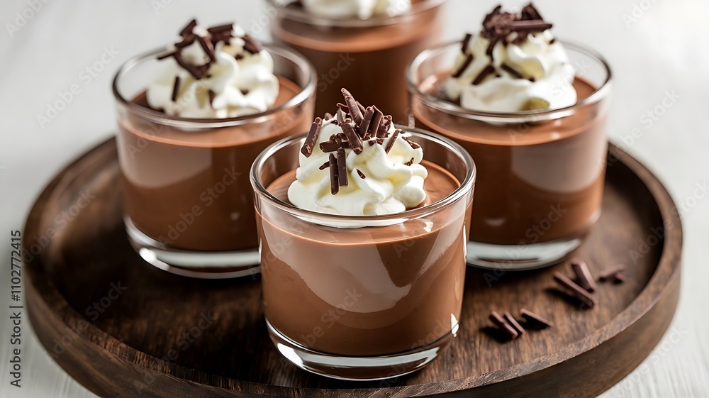 Rich chocolate mousse in glass cups, topped with whipped cream and shaved dark chocolate, served on wooden tray with spoon Rich chocolate mousse in glass cups, topped with whipped cream and shaved dark chocolate, served on wooden tray with spoon
